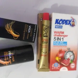 پکیج کرم تاخیری اروس + اسپری تاخیری ویگا جنسینگ + کاندوم ناچ کدکس مدل Warm Challenger 5in1 (بسته ۱۲ عددی با رایحه انار)